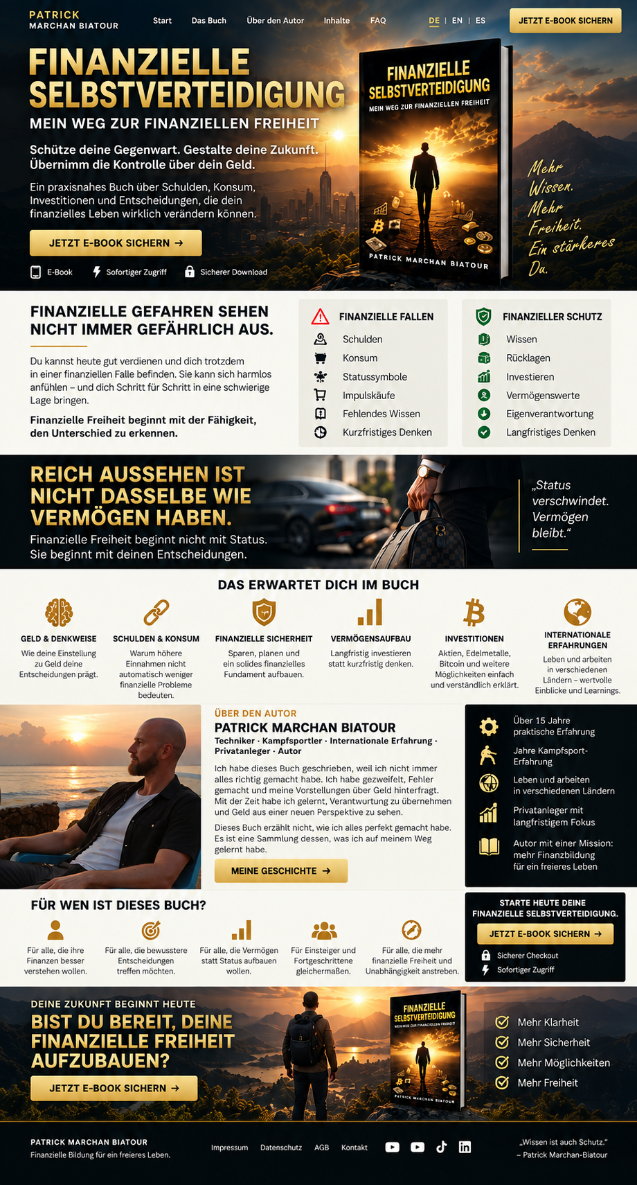 Deutsche Landingpage für Finanzielle Selbstverteidigung von Patrick Marchan Biatour. Schwarz-goldene Buchgestaltung mit Buchcover, finanziellen Fallen und Schutzmaßnahmen, Buchthemen und Autorenfoto am Meer: ohne Hut, mit offenem schwarzem Kurzarmhemd und weißem T-Shirt.